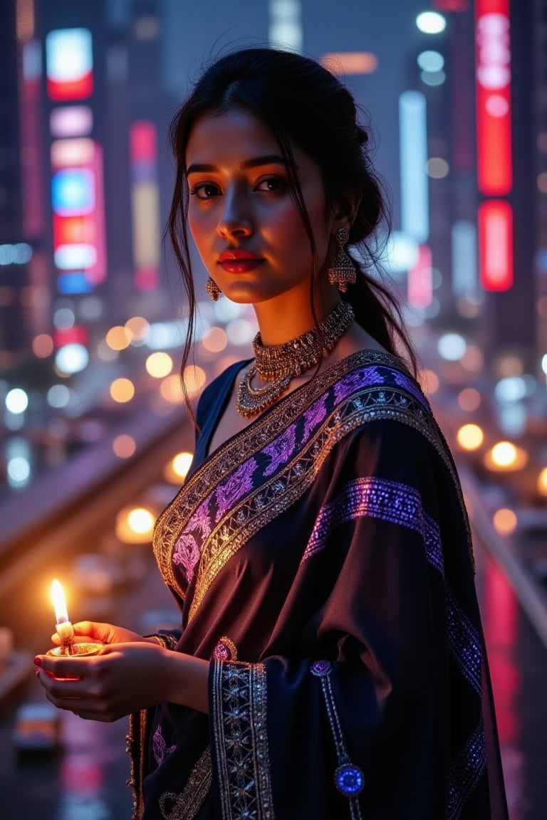 In a dazzling futuristic metropolis where the ancient meets the avant-garde, a young Indian woman stands out, decked out in a cyberpunk-infused saree with metallic and neon accents that pulses with the vibrant heartbeat of the city. The intricate glowing borders and digital neon blue and purple patterns on her dress danced in harmony with the futuristic grandeur around her, offering a stark yet stunning contrast to the towering chrome-clad buildings stretching skyward. Cradling a small flickering Diwali candle in her hand, a warm golden glow kisses her features, painting a serene portrait against a cool, neon-lit background. Candles, symbols of hope and tradition, emit a soft light that mixes with the vibrant and ever-changing hues of the cityscape, creating a visual symphony of past and future, tradition and innovation, warmth and technology. Amidst the storm of progress, he remains an unwavering beacon of cultural heritage, reminding all who pass by of the importance of carrying the light of tradition into the future.