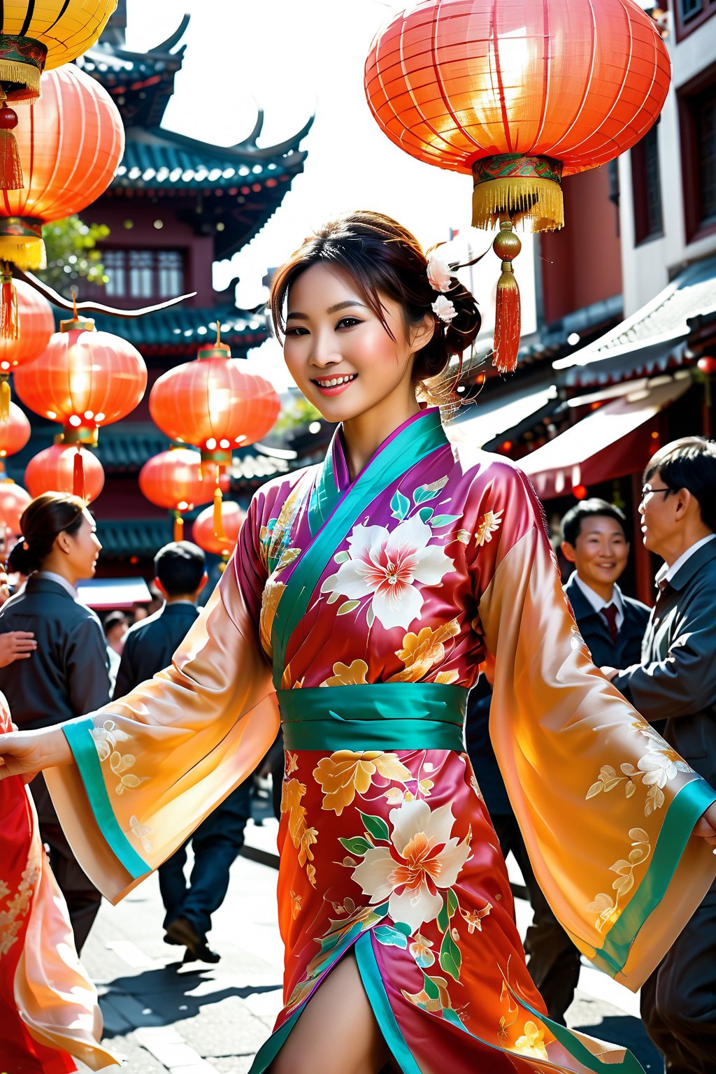 A beautiful Chinese girl, adorned in a vibrant, traditional outfit, proudly parades down the bustling street of Chinatown during the Lunar New Year Festival, her delicate silk dress fluttering in the festive breeze as she gracefully performs an ancient dragon dance, captivating the diverse crowd with her vivid smile and mesmerizing moves, surrounded by a kaleidoscope of red lanterns and colorful decorations that line the buildings above, all while the energetic beats of a distant drum resonate through the celebratory atmosphere.