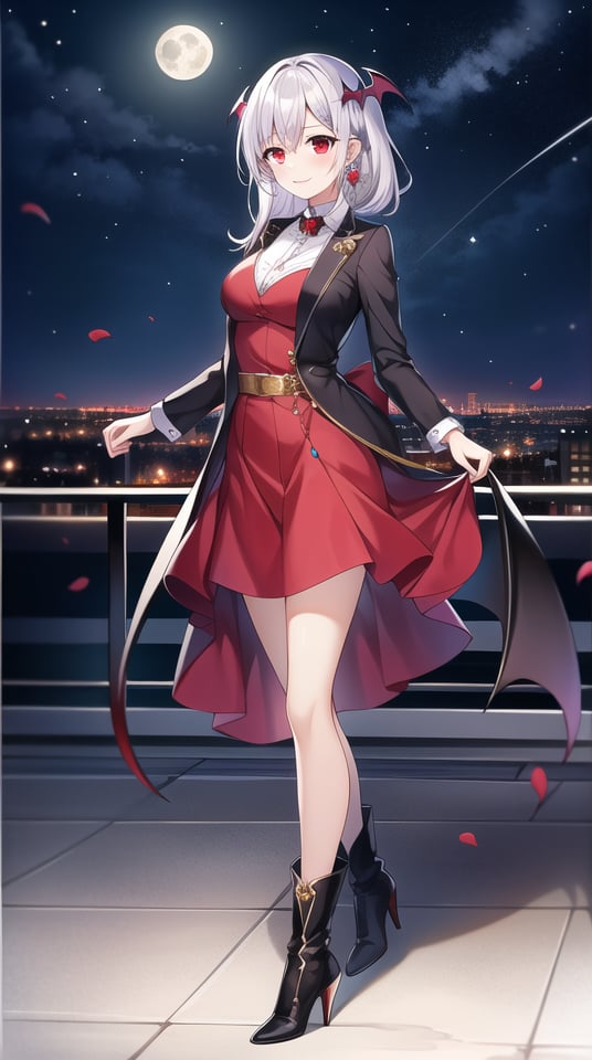 Masterpiece, absurdres, best quality, CG wallpaper, HDR, high quality, high definition, extremely detailed, highres, best anatomy, motion, motion lines, female, 1girl, solo girl, whole body view, standing, outdoors, night, moon, vampire, female vampire, vampire ears, red eyes, vampire eyes, October, city, {rooftop}, {formal attire, high heels, boots}, jewel-like eyes, glossy eyes, random hairstyle, random hair length, {love, romance}, jewelry, ruby jewelry, black hair, white hair, {scenery}, smile