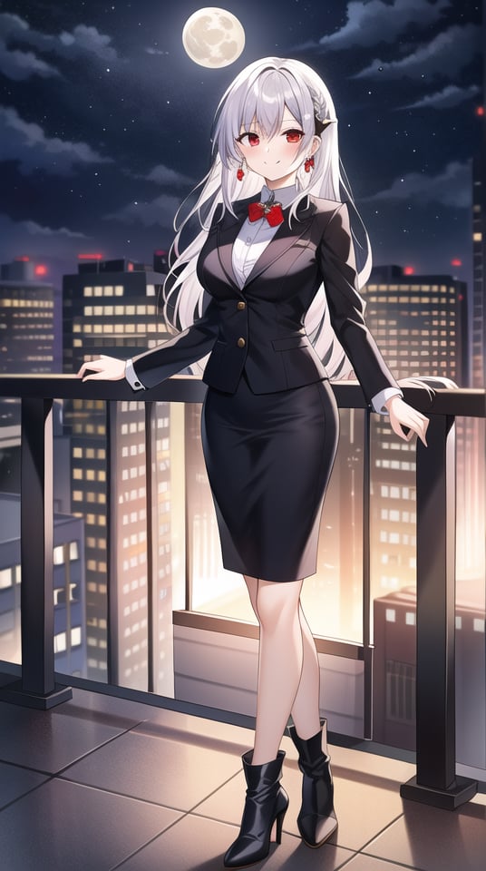 Masterpiece, absurdres, best quality, CG wallpaper, HDR, high quality, high definition, extremely detailed, highres, best anatomy, motion, motion lines, female, 1girl, solo girl, whole body view, standing, outdoors, night, moon, vampire, female vampire, vampire ears, red eyes, vampire eyes, October, city, {rooftop}, {formal attire, high heels, boots}, jewel-like eyes, glossy eyes, random hairstyle, random hair length, {love, romance}, jewelry, ruby jewelry, black hair, white hair, {scenery}, smile