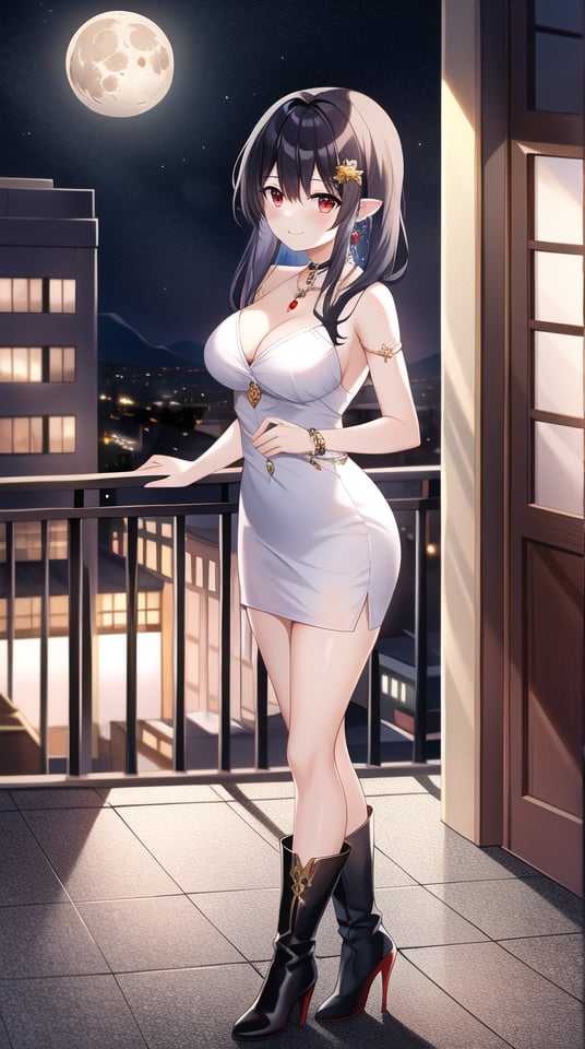 Masterpiece, absurdres, best quality, CG wallpaper, HDR, high quality, high definition, extremely detailed, highres, best anatomy, motion, motion lines, female, 1girl, solo girl, whole body view, standing, outdoors, night, moon, vampire, female vampire, vampire ears, red eyes, vampire eyes, October, city, {rooftop, rooftop of the building}, {formal attire, high heels, boots}, jewel-like eyes, glossy eyes, random hairstyle, random hair length, {love, romance}, jewelry, ruby-colored jewelry, black hair, white hair, {scenery}, beautiful smile