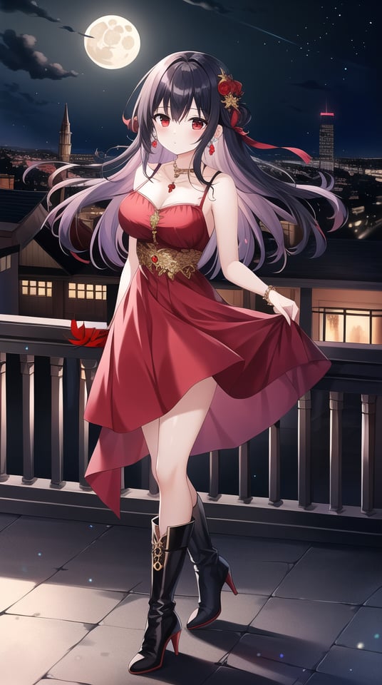 Masterpiece, absurdres, best quality, CG wallpaper, HDR, high quality, high definition, extremely detailed, highres, best anatomy, motion, motion lines, female, 1girl, solo girl, whole body view, standing, outdoors, night, moon, vampire, female vampire, vampire ears, red eyes, vampire eyes, October, city, rooftop, formal attire, high heels, boots, jewel-like eyes, glossy eyes, random hairstyle, random hair length, love, romance, jewelry, ruby jewelry, black hair, white hair, scenery