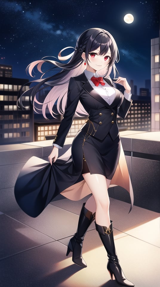 Masterpiece, absurdres, best quality, CG wallpaper, HDR, high quality, high definition, extremely detailed, highres, best anatomy, motion, motion lines, female, 1girl, solo girl, whole body view, standing, outdoors, night, moon, vampire, female vampire, vampire ears, red eyes, vampire eyes, October, city, {rooftop, rooftop of the building}, {formal attire, high heels, boots}, jewel-like eyes, glossy eyes, random hairstyle, random hair length, {love, romance}, jewelry, ruby-colored jewelry, black hair, white hair, {scenery}, beautiful smile