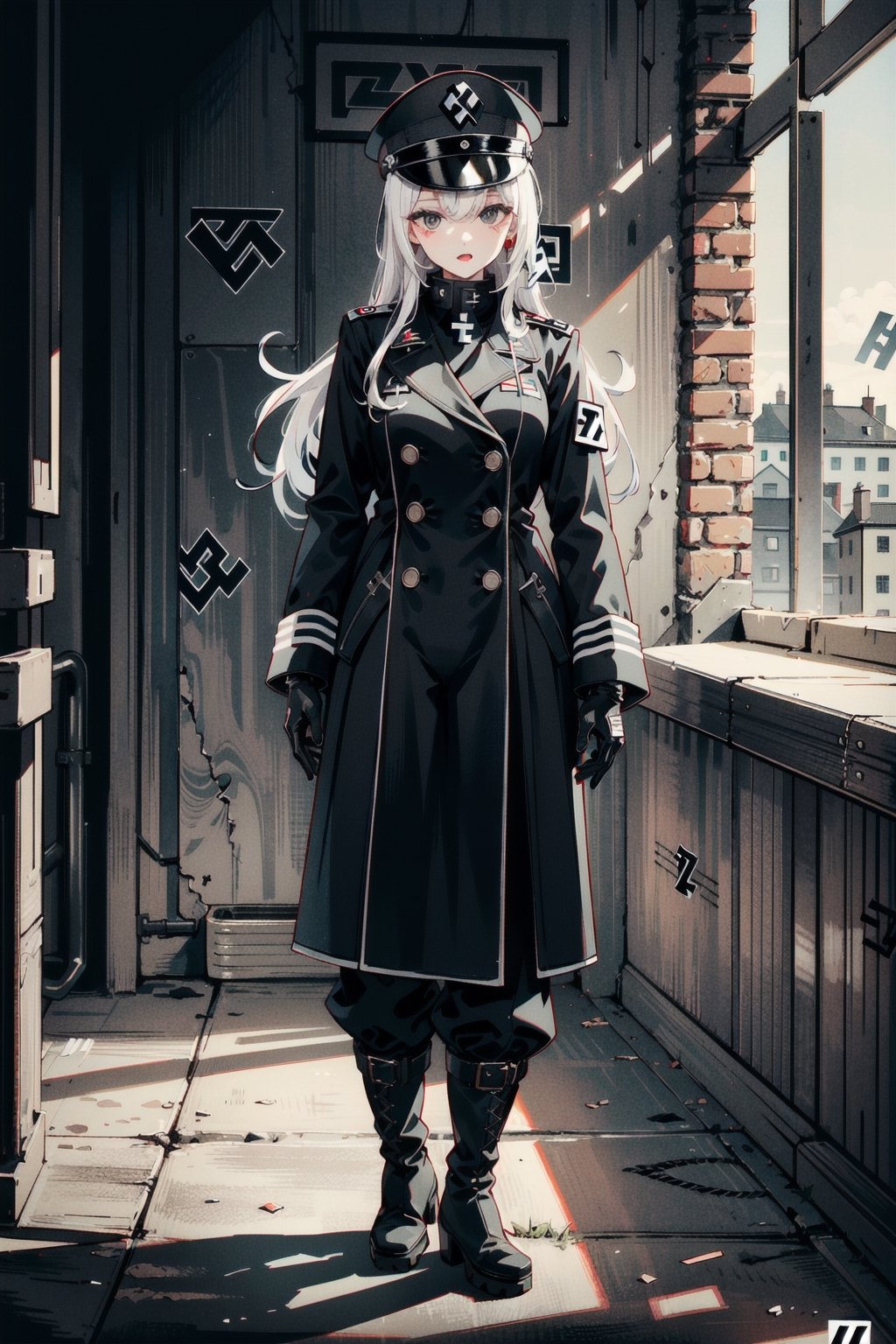 perfect face, perfect hands, perfect eyes, atmospheric scene, masterpiece, best quality, (detailed face), (detailed eyes), (cinematic light: 1.1), female, (white hair, long hair, black eyes, small breasts, thicc), (((black Nazi uniform, hat, long double-breasted coat, baggy Nazi pants, gloves, knee-high military boots, Nazi mark))), (((full body))), model stance, strategy room, indoors, 