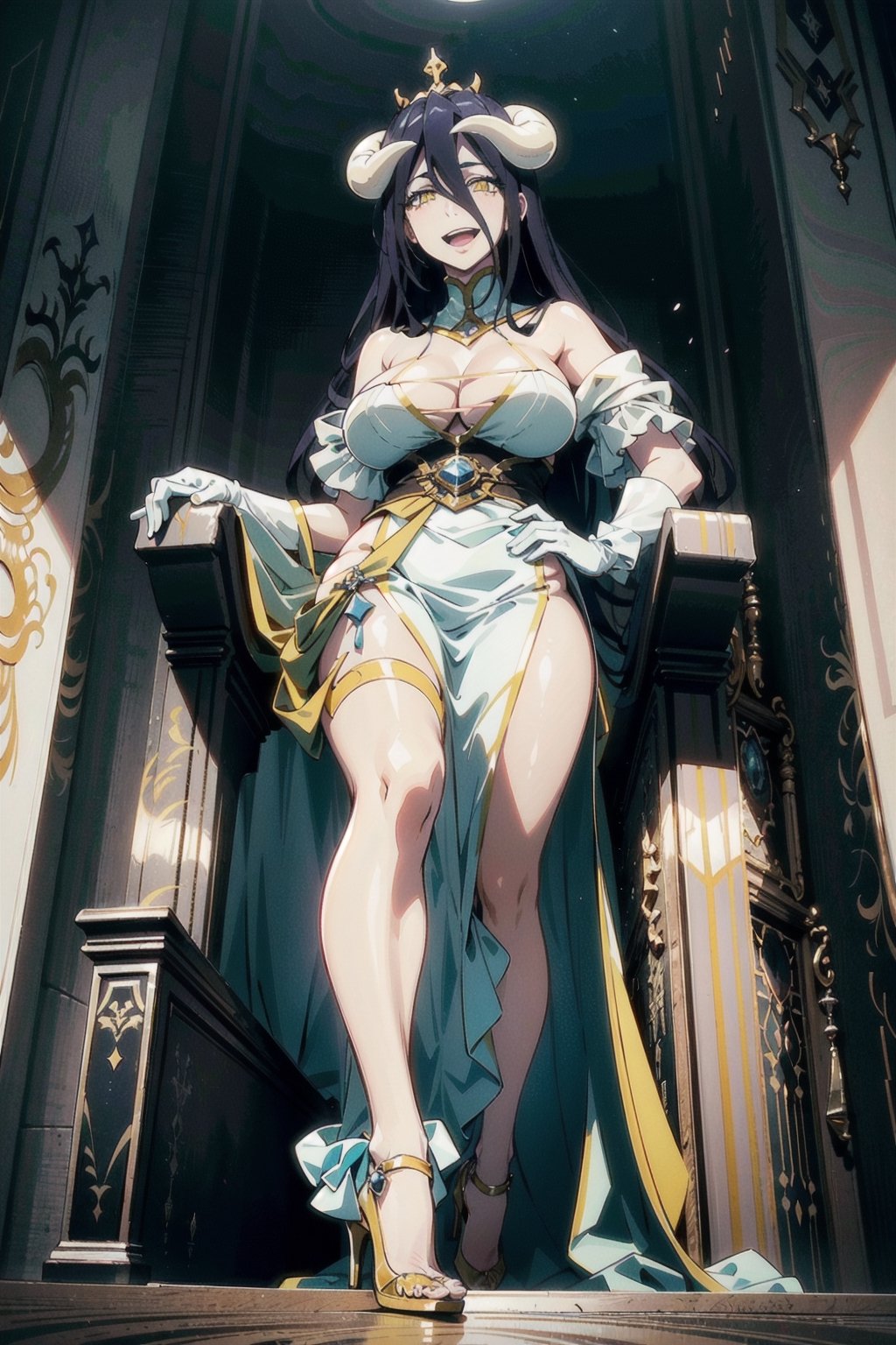 perfect face, perfect hands, perfect eyes, atmospheric scene, masterpiece, best quality, (detailed face), (detailed eyes), cinematic light, female, tall, big breasts, thicc thighs, yellow eyes, horns, laughing, white long dress, long white gloves, high heels, black wings, wings on waist, from below, looking down, fantasy, boss room, throne, long stairs, ,albedo