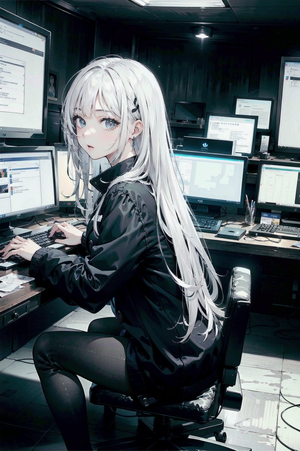 perfect face, perfect hands, perfect eyes, atmospheric scene, masterpiece, best quality, (detailed face), (detailed eyes), (cinematic light: 1.1), female, (black base and white highlights hair, long hair), black eyes, long coat, no pants, sitting, typing keybord, (looking at monitors), computer room, ((dark room, no lights)), glowing monitors, (multiple monitors, display only programming in black base and white texts), from side, ,(hlfcol haired girl with color1 and col),