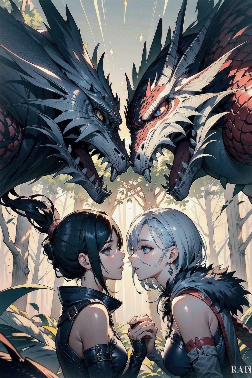 perfect face, perfect hands, perfect eyes, atmospheric scene, masterpiece, best quality, (detailed face), (detailed eyes), (cinematic light: 1.1), female, Monster Hunter, hunter, Great sword, Rathalos, watching each other, hunter gear, fighting, forest,