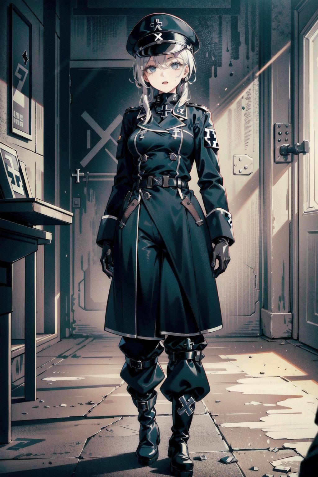 perfect face, perfect hands, perfect eyes, atmospheric scene, masterpiece, best quality, (detailed face), (detailed eyes), (cinematic light: 1.1), female, Gestapo, white hair, long hair, black eyes, ((small breasts)), thicc, (((black Nazi uniform, hat, long double-breasted coat, baggy pants, gloves, knee-high boots, The Iron Cross))), ((pants inside boots)), (((full body))), model stance, strategy room, indoors, ((solo focus)), 