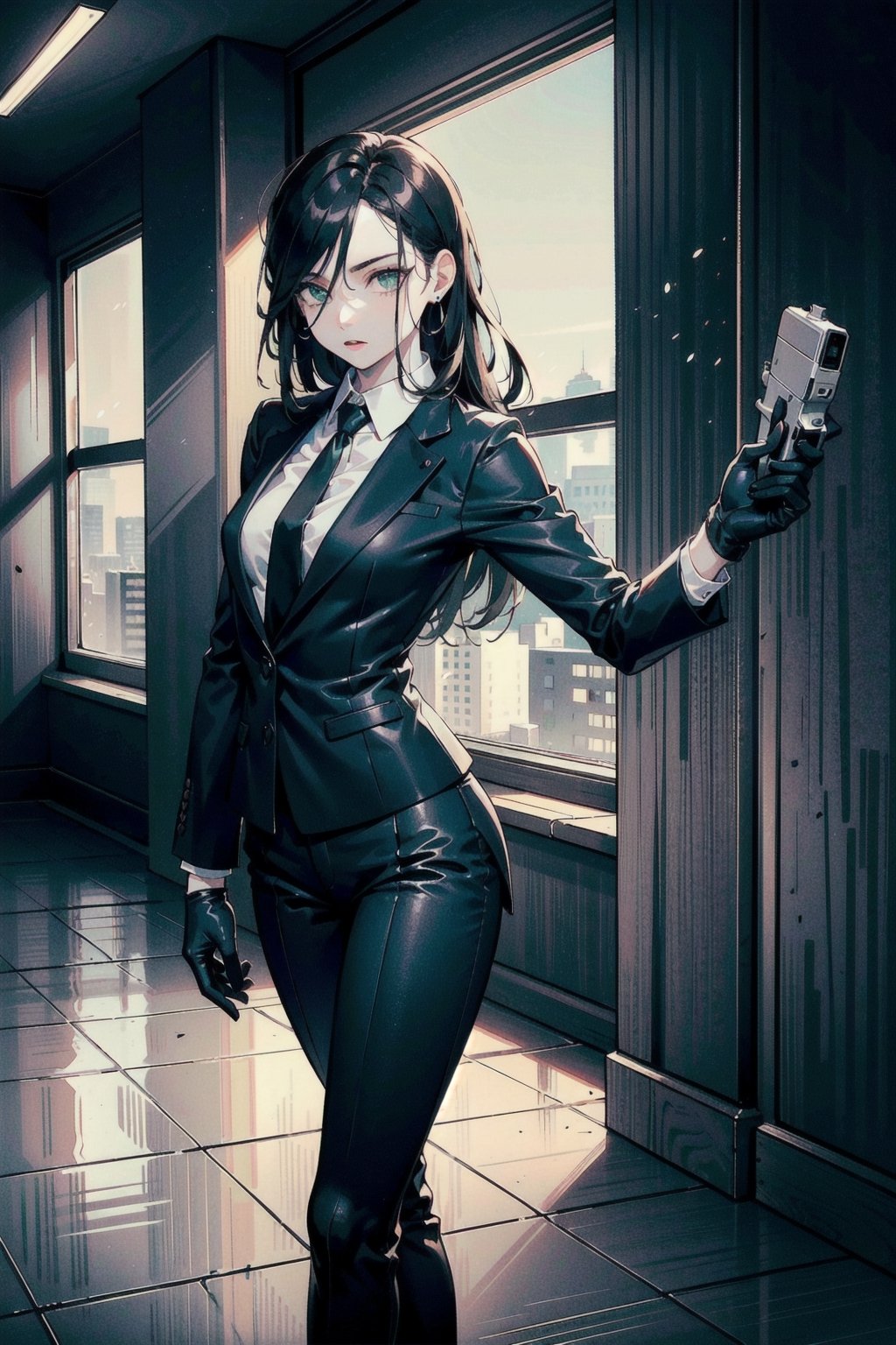 perfect face, perfect hands, perfect eyes, atmospheric scene, masterpiece, best quality, (detailed face), (detailed eyes), (cinematic light: 1.1), female, agent, ((pale)), (dark hair, long hair), (green eyes, sharp sight), (small breast), black suit, red neck tie, black dress shoes, black gloves, emotionless, (HITMAN, agent 47 poses) (holding pistol, silencer, ready for killing), dark office, night, 