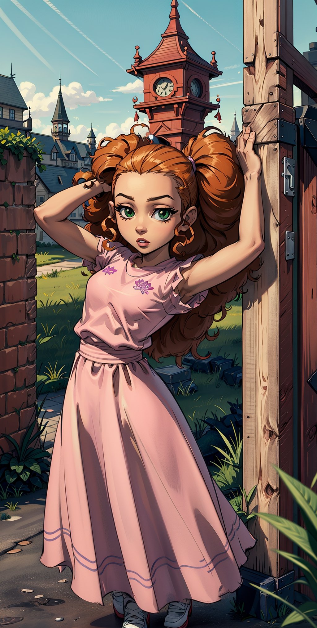 ((masterpiece, best quality)),solo,portrait ,1girl, adult, medium shot , jazmine dubois, green eyes  , curly long hair, big hair, (pink sexy dress:1), arms on hips,