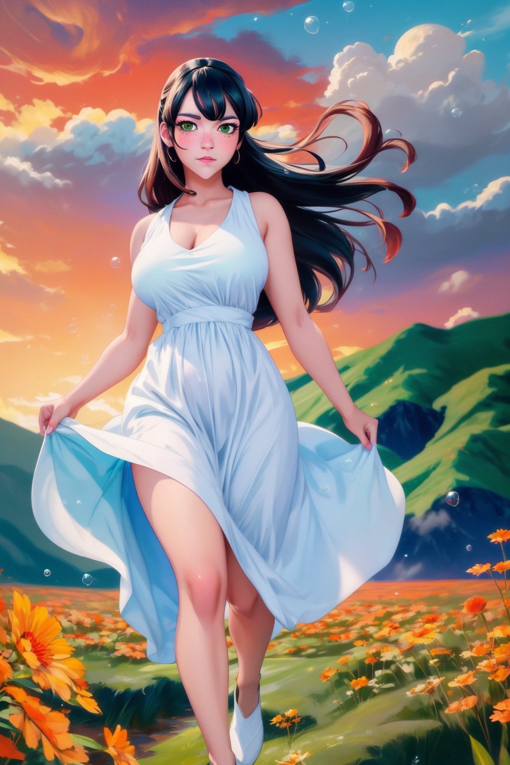 ((masterpiece)), (best quality), (cinematic), a woman in a long white dress, running through an open field, long black hair, bangs, chubby, wide hips, full body, green eyes, freckles on cheeks, wind, detailed face, detailed body, red and orange sky, glow, clouds, vegetation, green plains, floating bubbles, (cinematic, colorful), vast field, (extremely detailed), inspired by Studio Ghibli, EpicSky, cloud, sky, highly detailed, detailed face