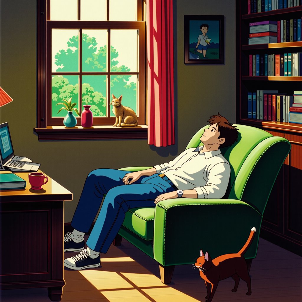 a young man lay down on the comfy couch in his room listening to the music, books around, one cat near by, relaxing atmosphere, bright natural sun day light