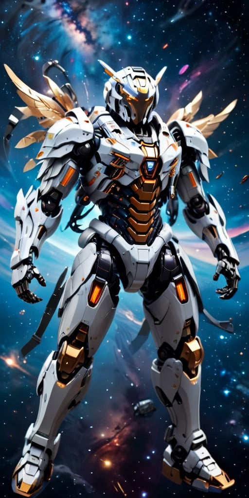 Futuristic power armor (robot) with mecha theme, metallic wing-like ion jetpack booster, spooky robot, floating in outer space galaxy, dynamic pose, armored cape, armor pants 