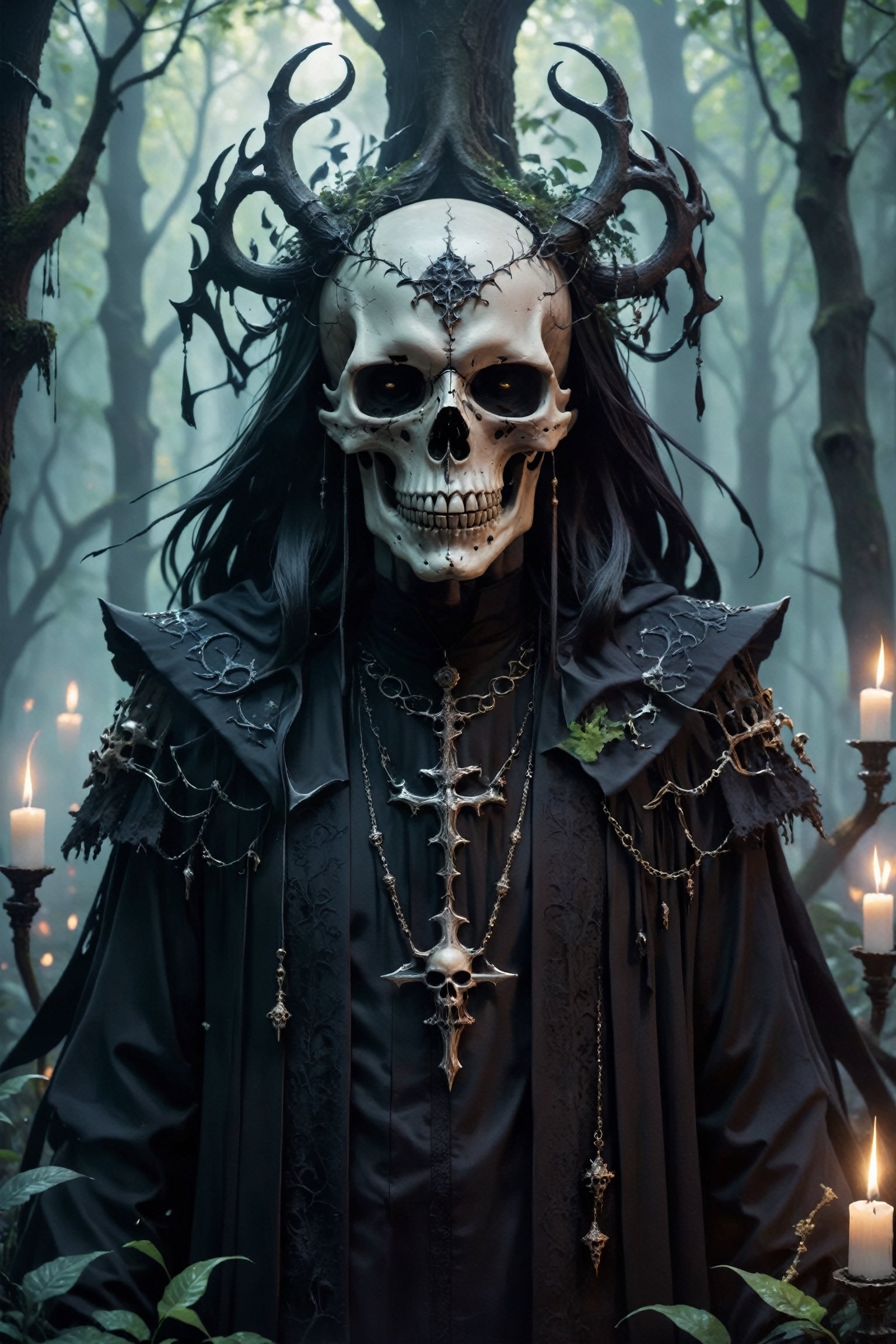 A Gothic fashion-inspired cult priest,  skull Head Demon,  with a horror twist exudes an aura of dark elegance and siniste...