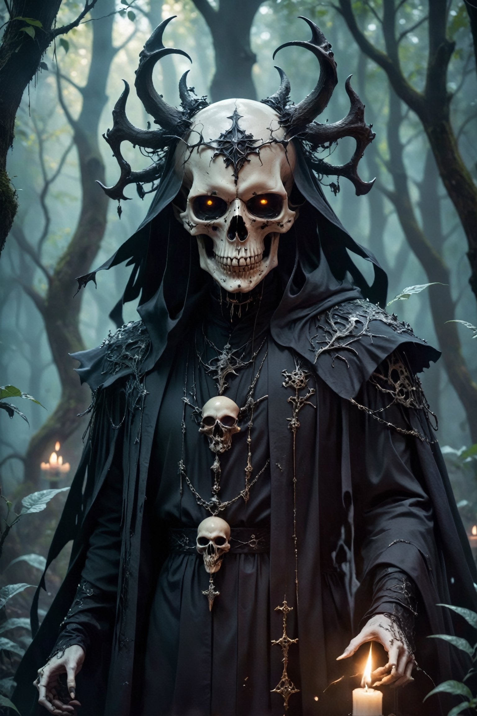 A Gothic fashion-inspired cult priest,  skull Head Demon,  with a horror twist exudes an aura of dark elegance and siniste...