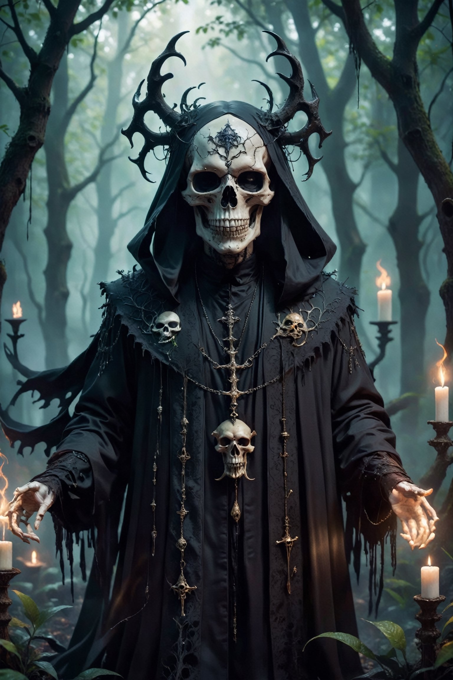 A Gothic fashion-inspired cult priest,  skull Head Demon,  with a horror twist exudes an aura of dark elegance and siniste...