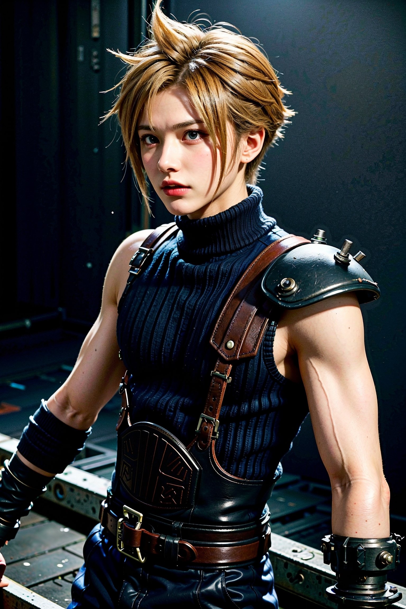 High Quality, Masterpiece, IncrsBrknGls, reflection, , cloud strife, shoulder armor, sleeveless turtleneck, suspenders, belt, gloves, bracer, , solo, 1boy, look at the viewer, midbody, holding buster sword, 1st soldier