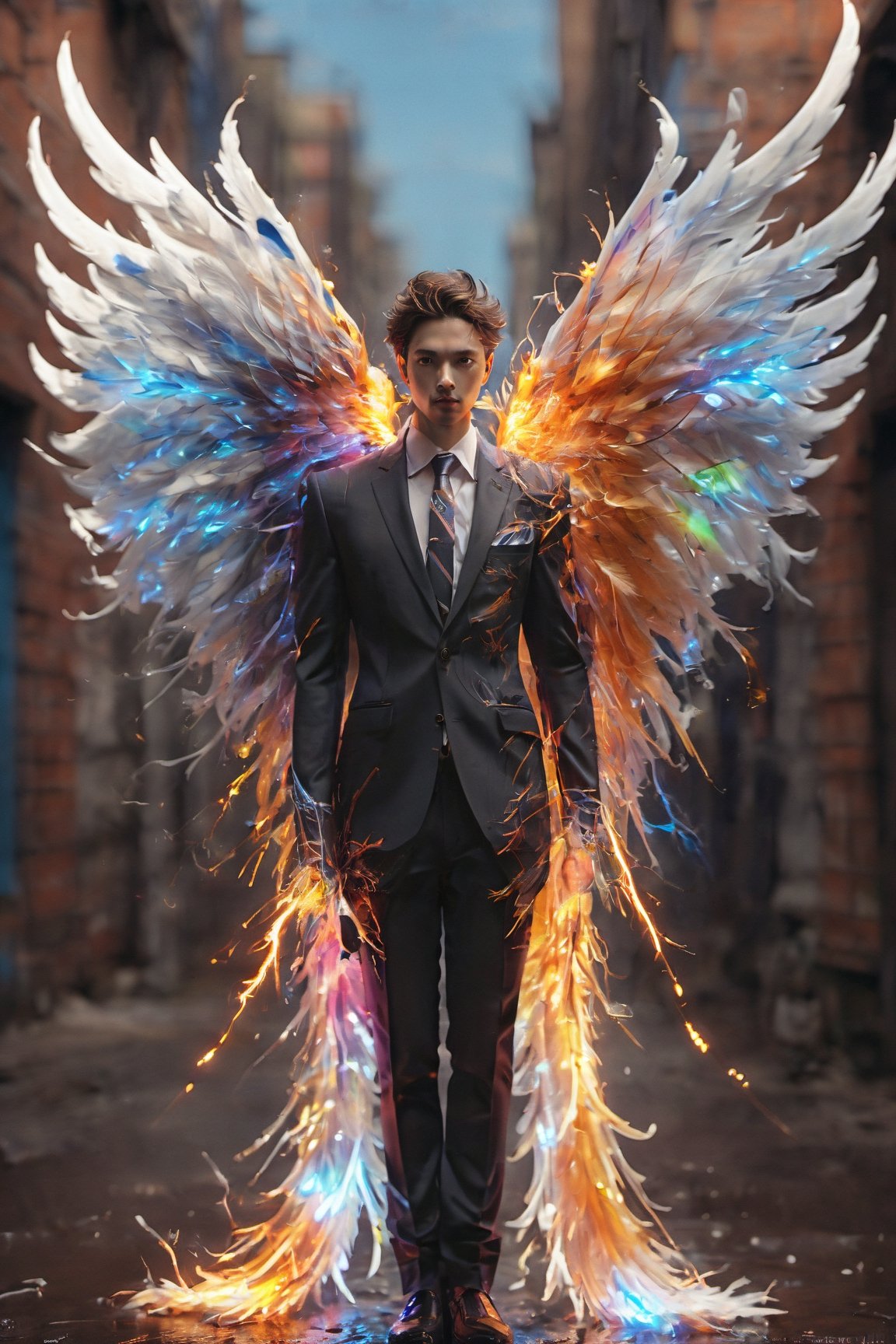 Create an image of a young man wearing a suit, featuring vibrant, thunder wings extending from his back. Random movement The background should be plain white, emphasizing the contrast and detailing of the beauty wings and the sharpness of the suit. The man should appear poised and elegant, with the wings unfurled to showcase a spectrum of vivid hues, blending seamlessly from one color to another. The focus should be on the meticulous details of the wings’ feathers and the suit’s fabric, capturing a harmonious blend of natural and refined elements, wings,Stylish, close up,l3min,xxmixgirl,fire element,wings,ice and water,composed of elements of thunder,thunder,electricity