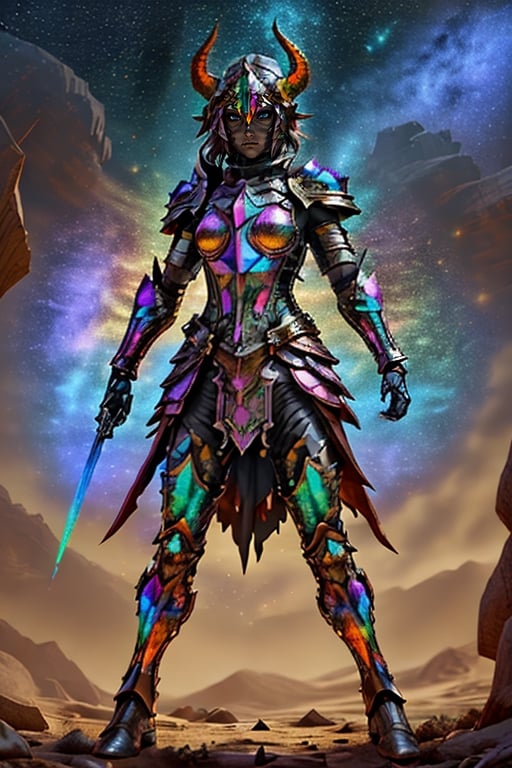 Female, full-body armor, head armor has no face, head armor has a pair of horns. In the rainbow starry sky, the armor emits a colorful metal glow.,starry