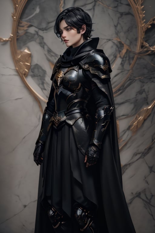 Male, strong, short black hair, dark armor, black cloak, High-definition, perfect face