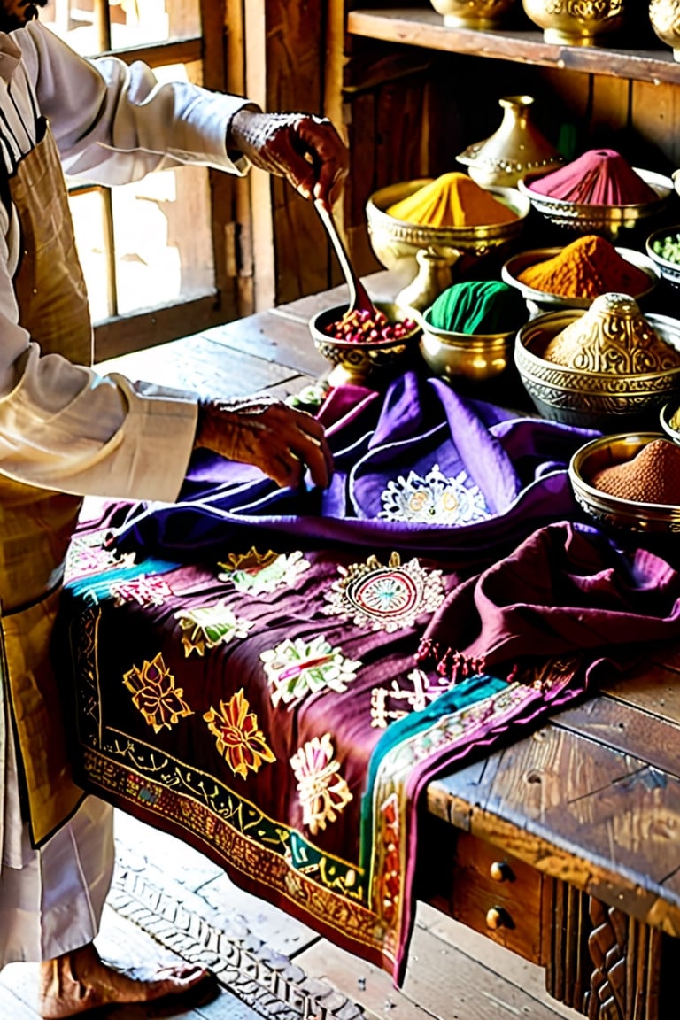 photo 
Photograph of an invisible person, subtle hints of their presence evident in the faint creases and folds of a vendor's apron, worn and stained from years of use. The apron's intricate embroidery, resembling Middle Eastern patterns, seems to shimmer in the warm light of the bazaar. A few loose threads appear to be gently blown by an invisible breath. The vendor's empty sleeves are draped over a wooden counter, adorned with colorful silks, exotic spices, and glittering trinkets. The surrounding stalls, a kaleidoscope of colors, blur into the background, as if the invisible vendor is the focal point of the frame. Soft, golden light casts a warm glow, evoking a sense of wonder and curiosity.