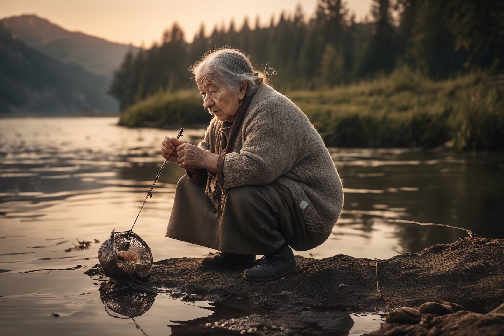 RAW photo,
An elderly dwarf woman is fishing. Golden hour lighting.

absurdres, masterpiece, award-winning photography, Volumetric lighting, extremely detailed, highest quality photo, RAW photo, 16k resolution, Fujifilm XT3, sharp focus, realistic texture