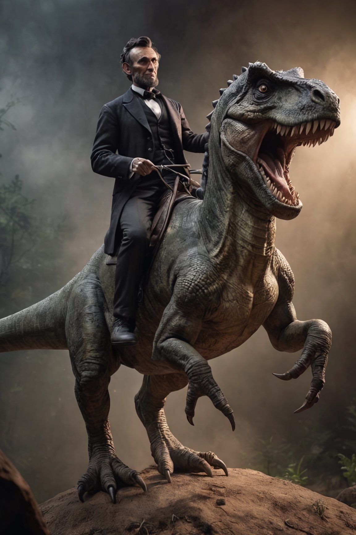 RAW photo,
Abraham Lincoln riding a dinosaur.

absurdres, masterpiece, award-winning photography, Volumetric lighting, extremely detailed, highest quality photo, RAW photo, 16k resolution, Fujifilm XT3, sharp focus, realistic texture