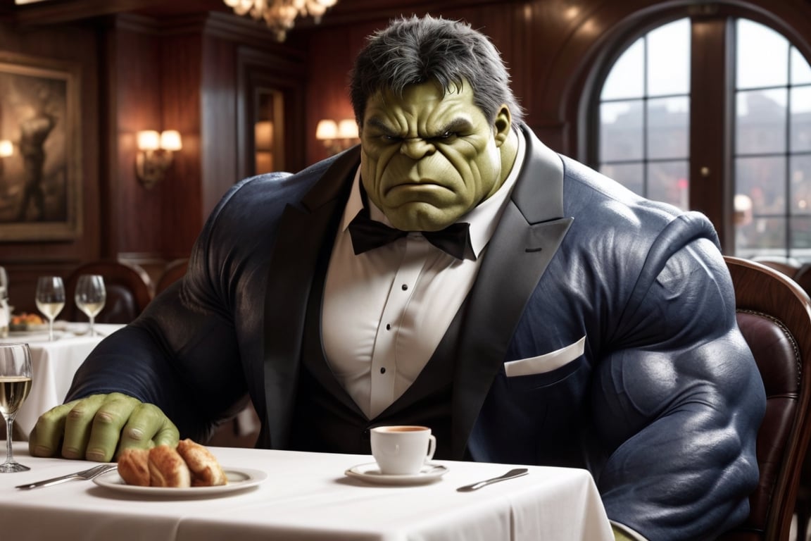 RAW photo
realistic texture, fine details, 
natural skin, realistic skin, wrinkles, vellus hair

A massive Incredible Hulk in a tuxedo at a fine-dining establishment. He is much too large for the small chair. 