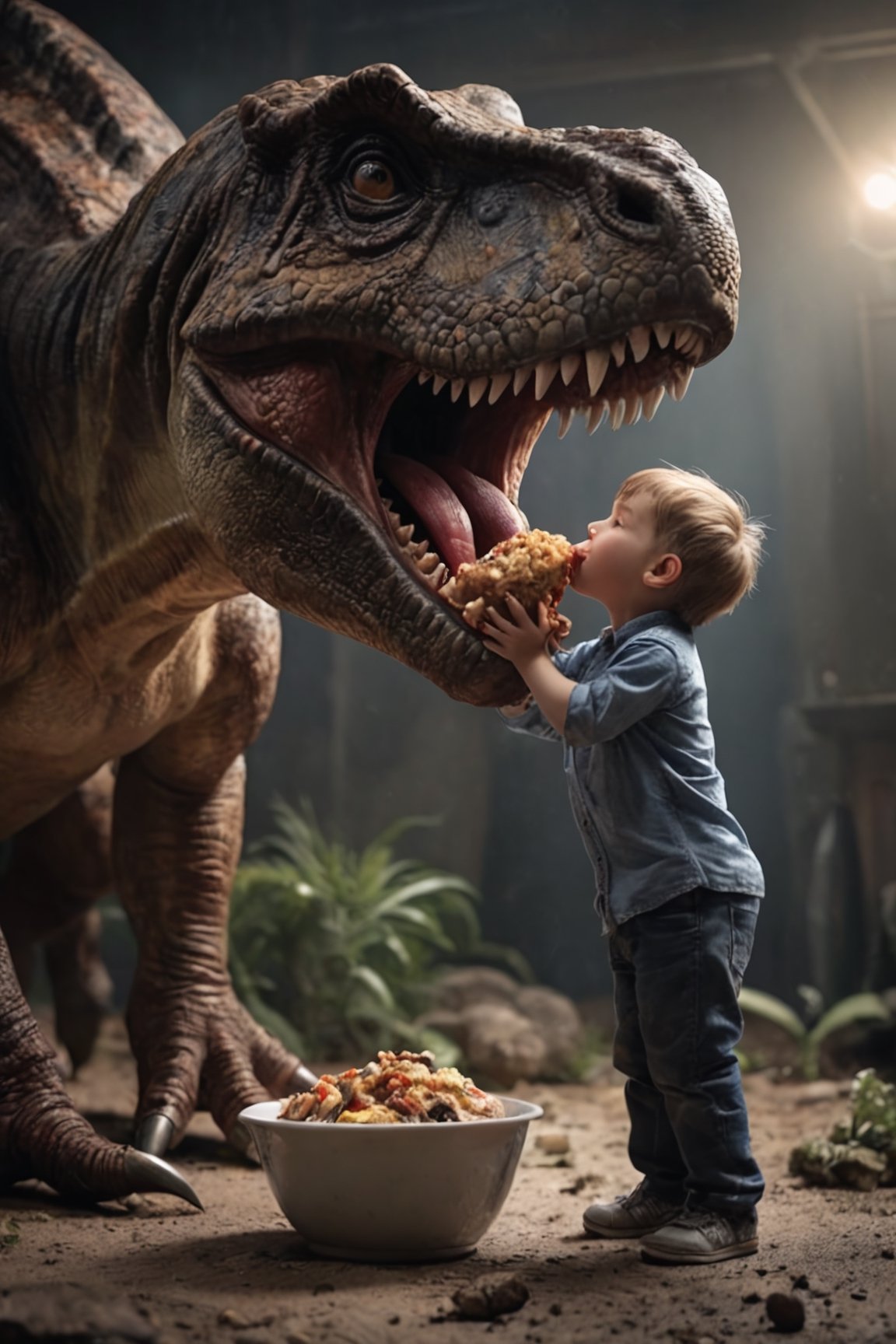 RAW photo,
Dinosaur eating child. Horror style.

absurdres, masterpiece, award-winning photography, Volumetric lighting, extremely detailed, highest quality photo, RAW photo, 16k resolution, Fujifilm XT3, sharp focus, realistic texture