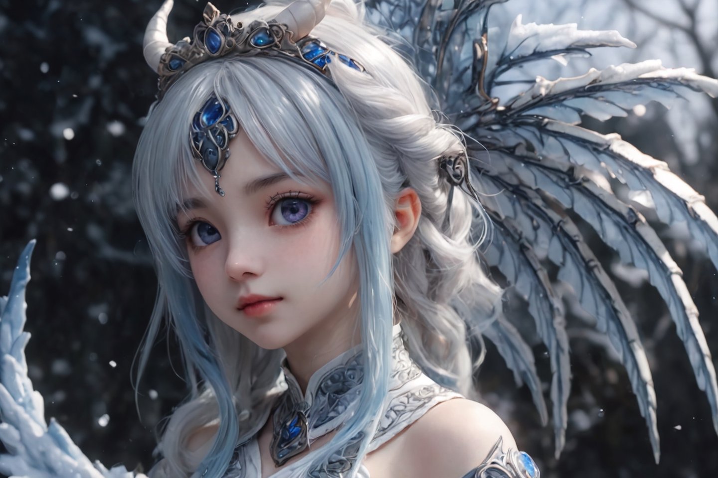 ((best quality)), ((masterpiece)), ((ultra-detailed)), extremely detailed CG, (illustration), ((detailed light)), (an extremely delicate and beautiful), a girl, solo, ((upper body,)), ((cute face)), expressionless, (beautiful detailed eyes), blue dragon eyes, (Vertical pupil:1.2), white hair, shiny hair, colored inner hair, (Dragonwings:1.4), [Armor_dress], blue wings, blue_hair ornament, ice adorns hair, [dragon horn], depth of field, [ice crystal], (snowflake), [loli], [[[[[Jokul]]]]]