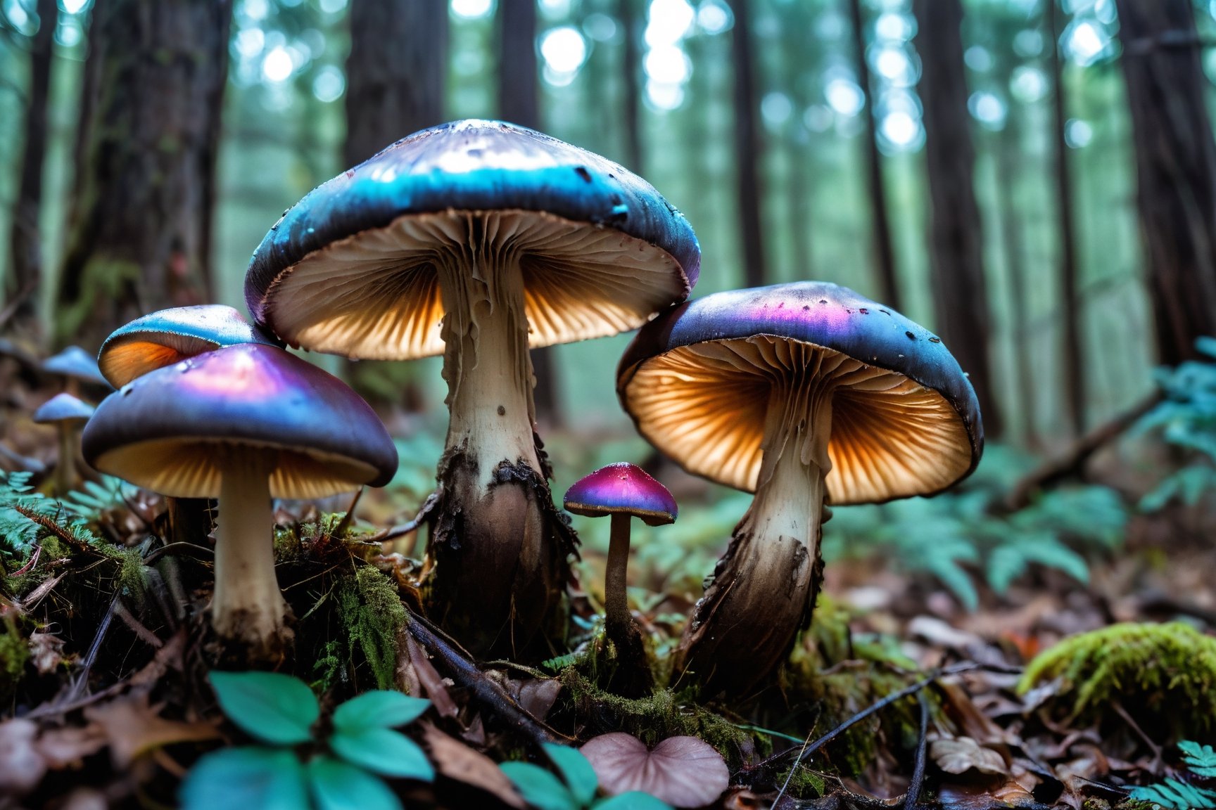 Iridescent mushroom forest, threatening, aliens, extremely detailed, , horror, gore, terror, fear, hopelessness, despair, Fujichrome Provia 100F, F/8, RTX, photolab,more detail XL