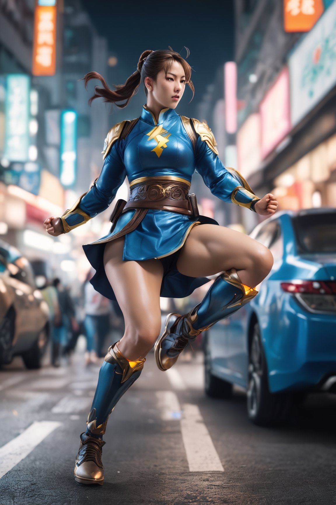 RAW photo,
Chun Li is lightning kicking on a Hong Kong street. Dynamic action shot. 

absurdres, masterpiece, award-winning photography, Volumetric lighting, extremely detailed, highest quality photo, RAW photo, 16k resolution, Fujifilm XT3, sharp focus, realistic texture