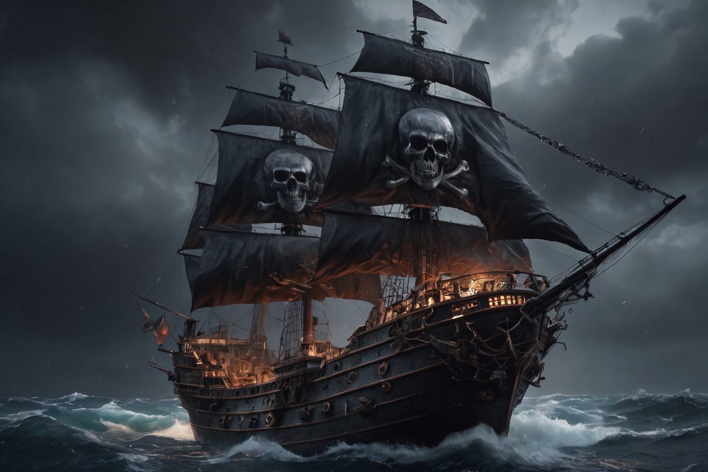 Realistic, hyper detailed, award winning masterpiece, full body portrait, ((ultra-high resolution 16k intense color portrait)), in the deep ocean, rough sea waves a large pirates ship with a black skull flag on top, ultra realistic, Hyper, vibrant light, storm, clouds, lightning, rough weather cinematic background