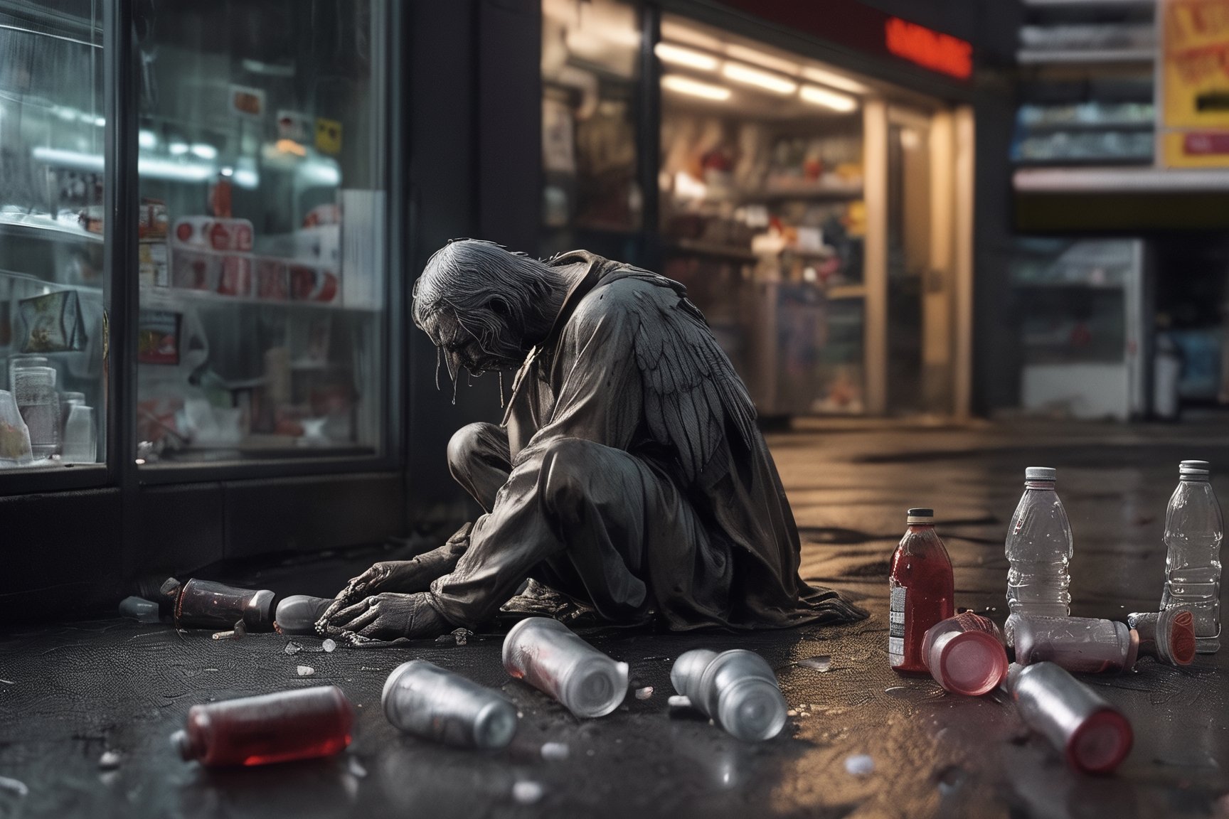 RAW photo,
A fallen angel, surrounded by empty bottles and litter, weeping outside a convenience store. Night. Despair, sadness, hopelessness, poverty.

absurdres, masterpiece, award-winning photography, Volumetric lighting, extremely detailed, highest quality photo, RAW photo, 16k resolution, Fujifilm XT3, sharp focus, realistic texture