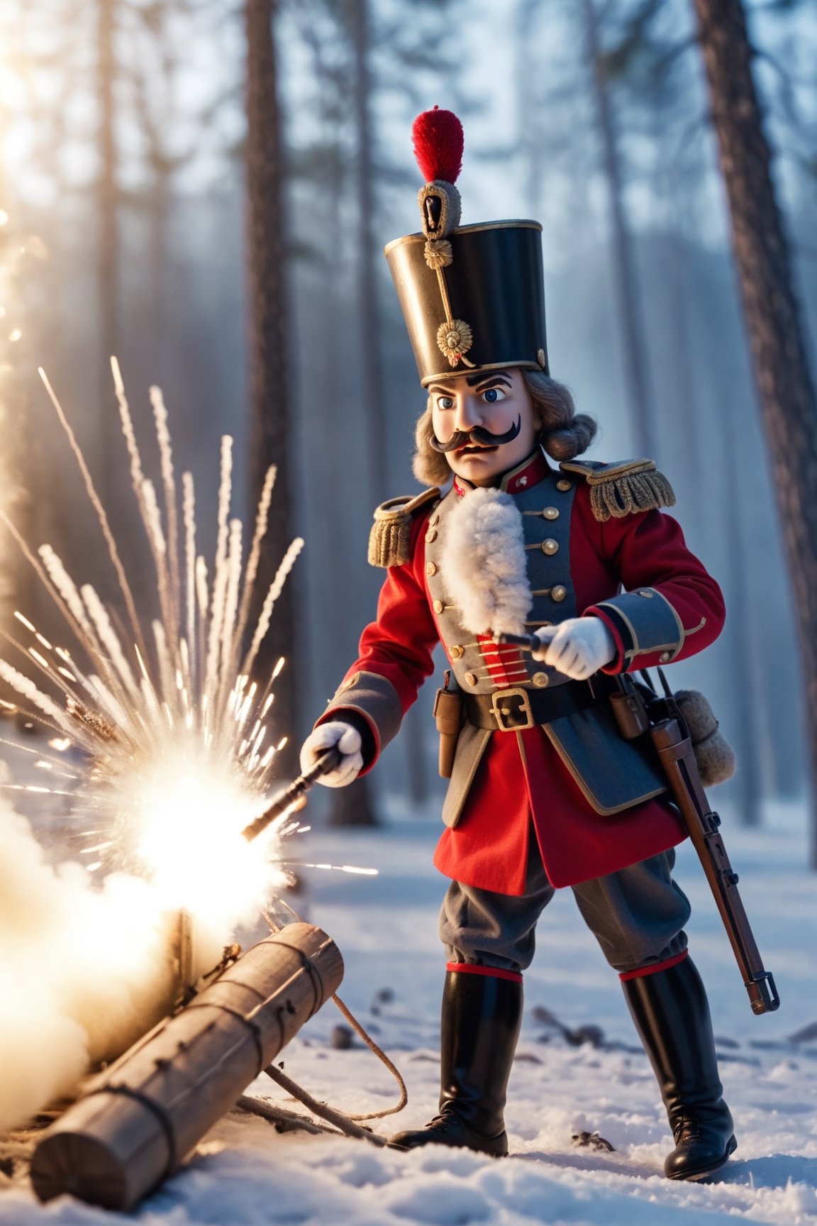 Nutcracker soldier under fire in real war, hyperdetailed photography, volumetric light, RAW photo,more detail XL