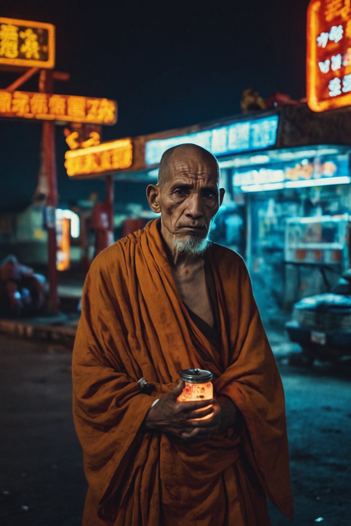 Decrepit monk, sad, depressed, hopeless, drinking gasoline at a gas station, lit by neon signs, night, hyperdetailed photography, soft light, head and shoulders portrait, cover 