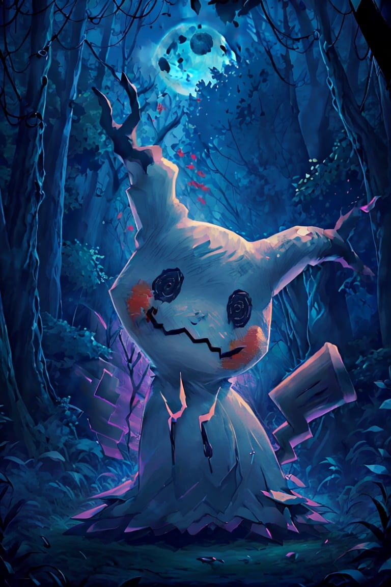 ((masterpiece,best quality)), absurdres, Mimikyu_Pokemon,  no humans, solo, looking at viewer, cinematic composition, ,Mimikyu_Pokemon, fantasy00d, night, haunted forest background, full moon, no humans,