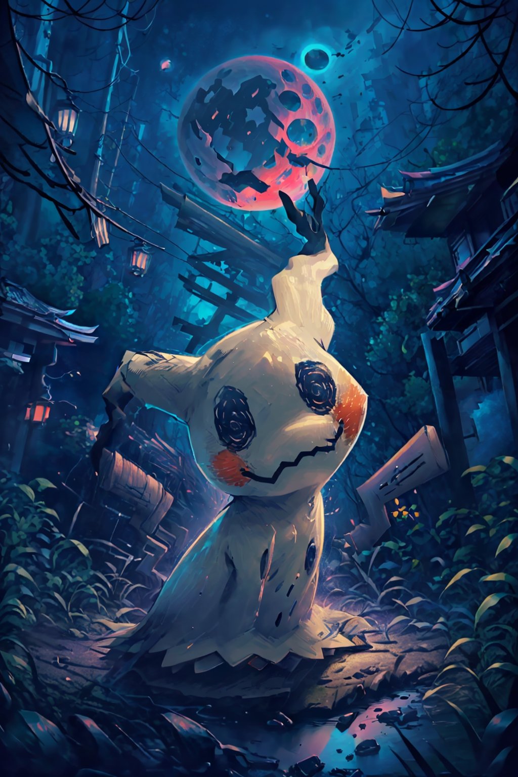 ((masterpiece,best quality)), absurdres, Mimikyu_Pokemon,  no humans, solo, looking at viewer, cinematic composition, ,Mimikyu_Pokemon, fantasy00d, red night, abandoned japan shrine, background, full moon, no humans,