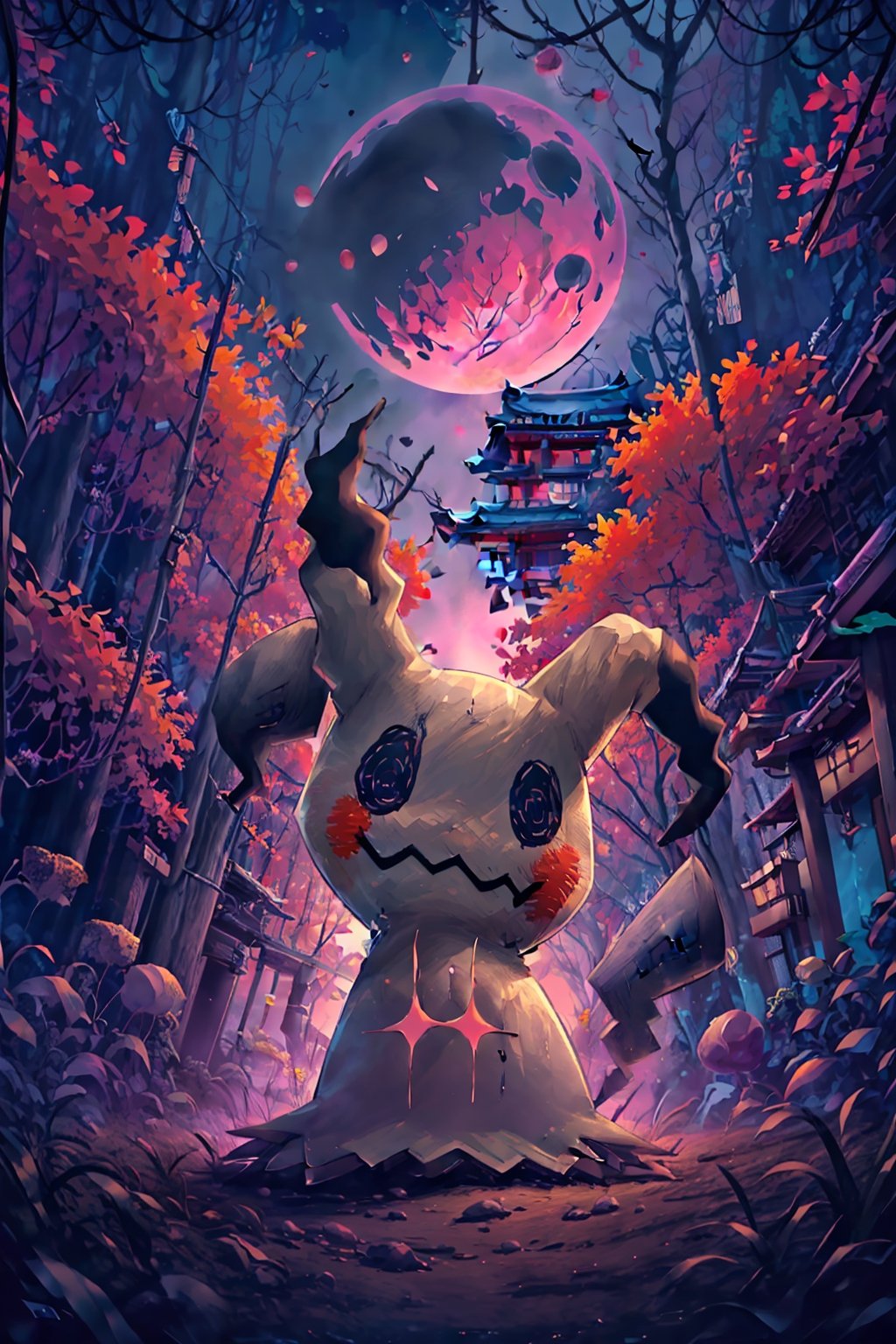 ((masterpiece,best quality)), absurdres, Mimikyu_Pokemon,  no humans, solo, looking at viewer, cinematic composition, ,Mimikyu_Pokemon, fantasy00d, red night, abandoned japan temple, sakura trees, background, full moon, no humans,fantasy00d