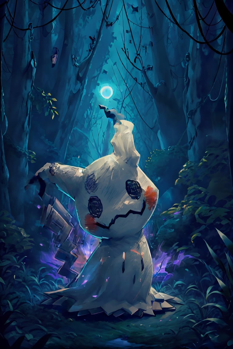 ((masterpiece,best quality)), absurdres, Mimikyu_Pokemon,  no humans, solo, looking at viewer, cinematic composition, ,Mimikyu_Pokemon, fantasy00d, night, haunted forest background, full moon, no humans,