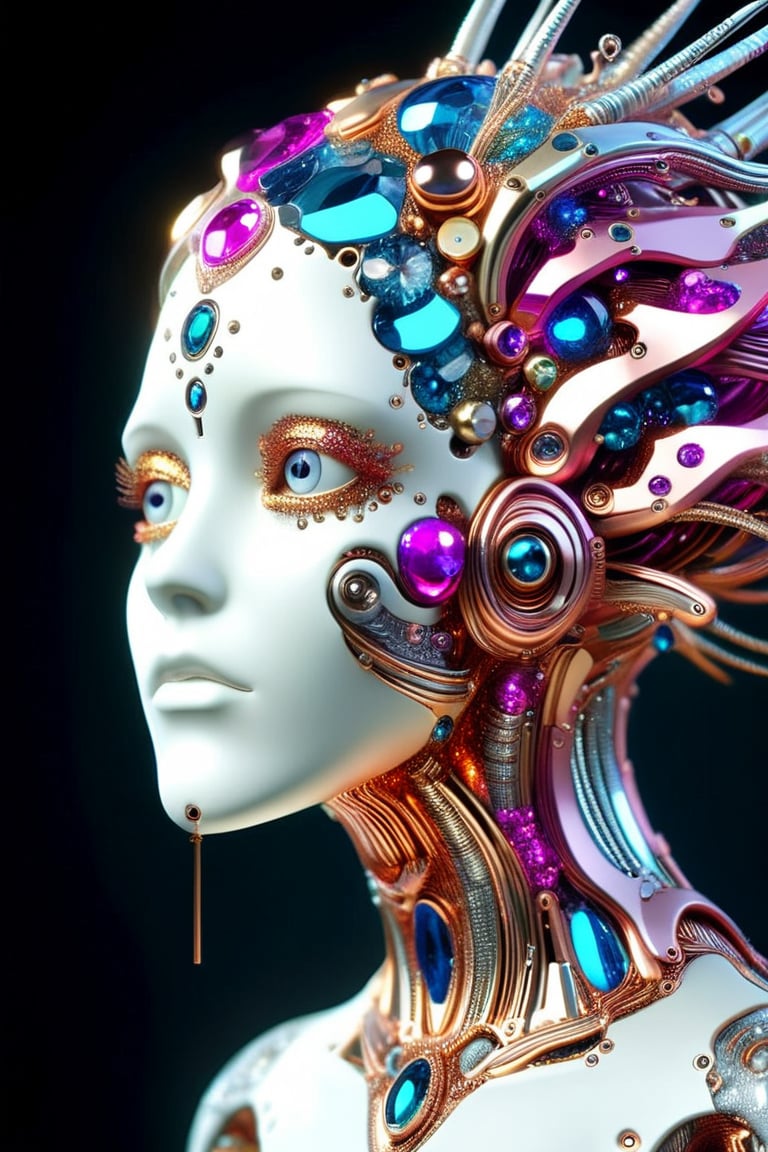 human female head, creature made from glitter and gemstones, different colored metals, mechanical, organic, futuristic