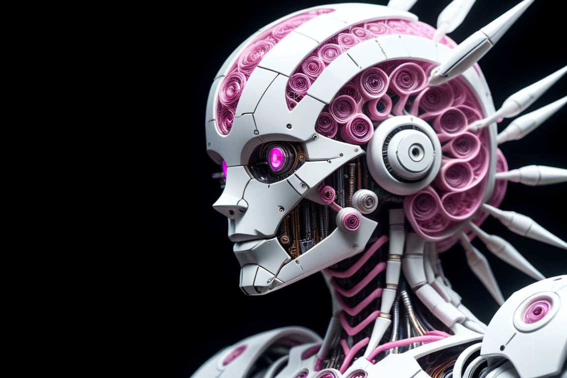 "A highly detailed, documentary-style photograph of a Zenomorph-like android robot with a Voronoi body armature frame and metal wings. The robot's face features ceramic-like textures, inspired by Guillaume Seignac's art style, with intricate watercolor and quilling patterns. The scene captures the robot's flowing white hair with pink streaks, floating gracefully. Surrounding the figure are delicate glass fractal flowers and vines, rendered in a sharp, studio-lit composition. The design incorporates elements of paper cutting, origami, and encaustic art, giving the android a futuristic yet organic appearance. The entire piece has a bold, realistic aesthetic, trending on ArtStation, with a mix of mecha concept art and the elegance of Philipp Plein models."