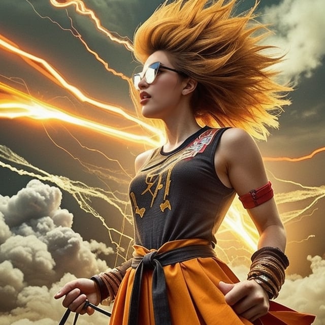 (1women), realistic movie, fisheye lens, front view,,body, long spiky gold hair,strong muscles, big yellow sunglasses, Wear a sleeveless orange a loose kung fu shirt outside, wearing a black short-sleeved t- shirt inside, with a white round logo on the left side, orange pants. Loose, long pants, black cloth tied at the waist, women's shoes, Standing and shouting very loudly, beams of flames shot out from his body, lightning, storms, strong winds,