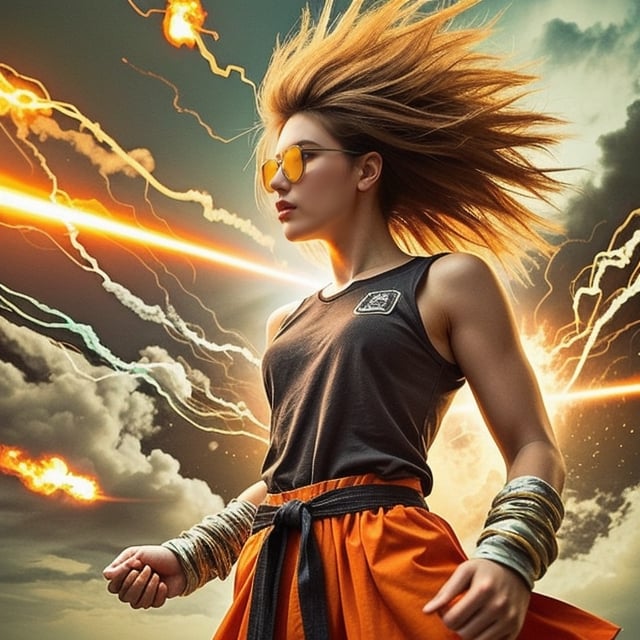 (1women), realistic movie, fisheye lens, front view,,body, long spiky gold hair,strong muscles, big yellow sunglasses, Wear a sleeveless orange a loose kung fu shirt outside, wearing a black short-sleeved t- shirt inside, with a white round logo on the left side, orange pants. Loose, long pants, black cloth tied at the waist, women's shoes, Standing and shouting very loudly, beams of flames shot out from his body, lightning, storms, strong winds,