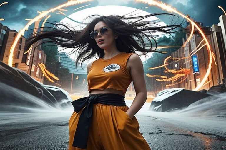 (1women), realistic movie, fisheye lens, front view,,body, long spiky gold hair,strong muscles, big yellow sunglasses, Wear a sleeveless orange a loose kung fu shirt outside, wearing a black short-sleeved t- shirt inside, with a white round logo on the left side, orange pants. Loose, long pants, black cloth tied at the waist, women's shoes, Standing and shouting very loudly, beams of flames shot out from his body, lightning, storms, strong winds, Super_Saiyan_4_Goku,PinUp