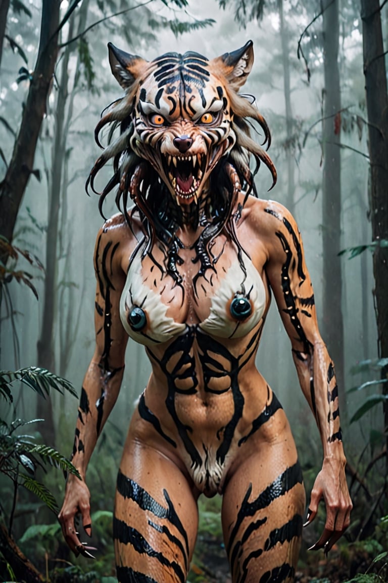 Realistic photography cinematic still A women mixed tiger wolf hybrid like six legged alien predator creature,  tentacles,...