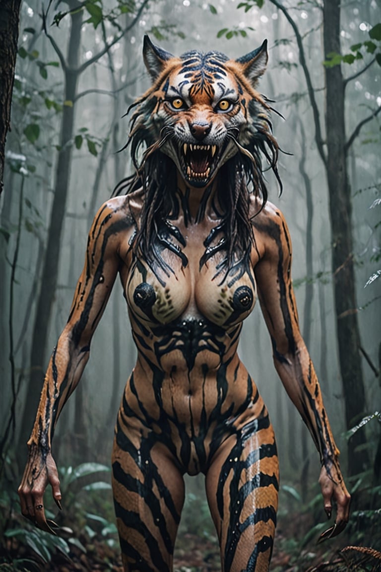 Realistic photography cinematic still A women mixed tiger wolf hybrid like six legged alien predator creature, tentacles, lots of eyes, fearsome, long sharp teeth, after you in the forest, fog,Tiger ,p3rfect boobs,aesthetic portrait