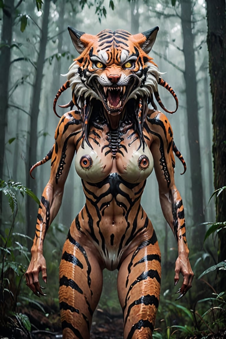 Realistic photography cinematic still A women mixed tiger wolf hybrid like six legged alien predator creature, tentacles, lots of eyes, fearsome, long sharp teeth, after you in the forest, fog,Tiger ,p3rfect boobs,aesthetic portrait