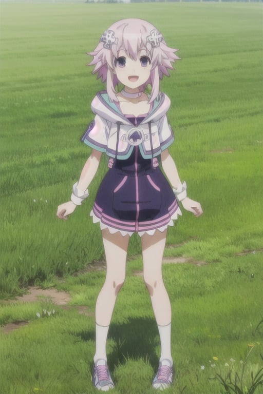 solo, 1girl, looking at viewer, 2D, anime, anime coloring,(green grass field with blue sky),neptune, choker, hoodie, smile, :d,(full body,longshot),legs,shoes,standing,blue and white stripes sock