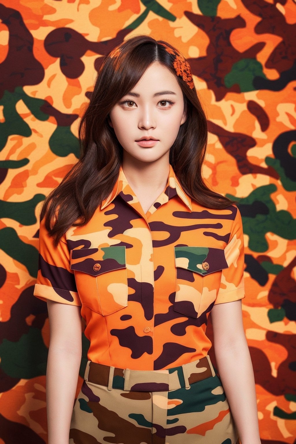 A young and beautiful woman,Extremely beautiful face,((wear orange camo uniform)), shy ,long pants,Best quality, masterpiece, ultra high res, (photorealistic:1.4), raw photo, in the dark, deep shadow,upper body,photorealistic,orange tiger stripe uniform